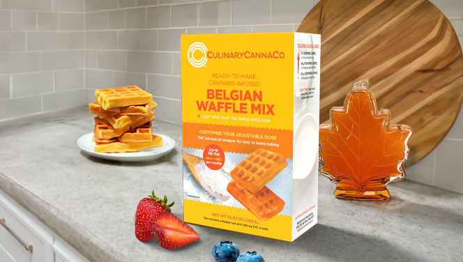 Culinary-Cannabis-Company-Belgium-Waffle-Mix-3D-Render-664x376-01 CulinarycannaCo cannabis infused belgian waffle mix sitting on a counter with maple syrup.