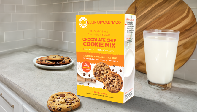 Culinary-Cannabis-Company-Chocolate-Chip-Cookie-Mix-3D-Render-664x376-01 CulinarycannaCo cannabis-infused Chocolate Chip Cookie edible mix on a counter next to glass of milk.