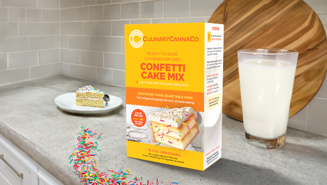 Culinary-Cannabis-Company-Confettie-Cake-Mix-3D-Render-664x376-01 CulinaryCannaCo weed infused triple chocolate brownie edible mix shown on a counter near a glass of milk.