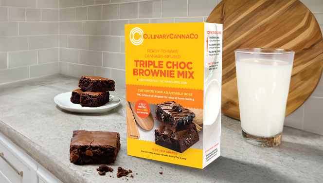 Culinary-Cannabis-Company-Triple-Chocolate-Brownie-Mix-3D-Render-664x376-01 CulinaryCannaCo weed infused triple chocolate brownie edible mix shown on a counter near a glass of milk.