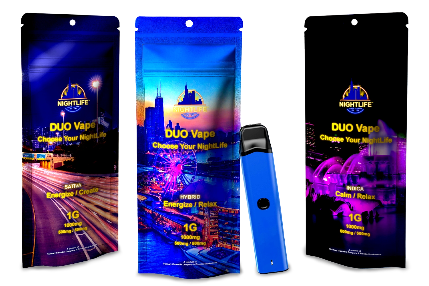 NightLife Duo Vape Indica, Sativa, Hybrid disposable pen packaging available in 500mg and 1g.