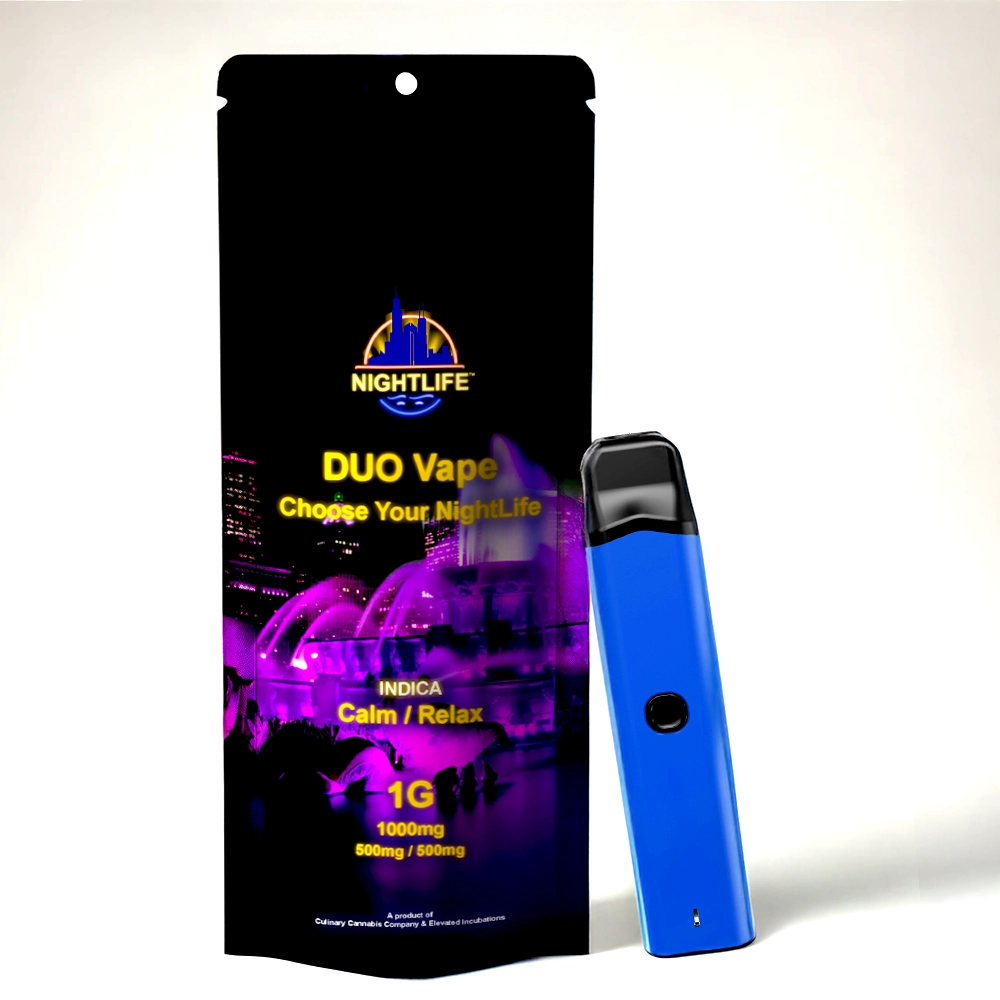 NightLife-Duo-Vape-Indica-1000mg-Mylar-Bag-Device-Mockup-1000x1000-01 NightLife Duo vape Mylar bag Indica packaging and vape